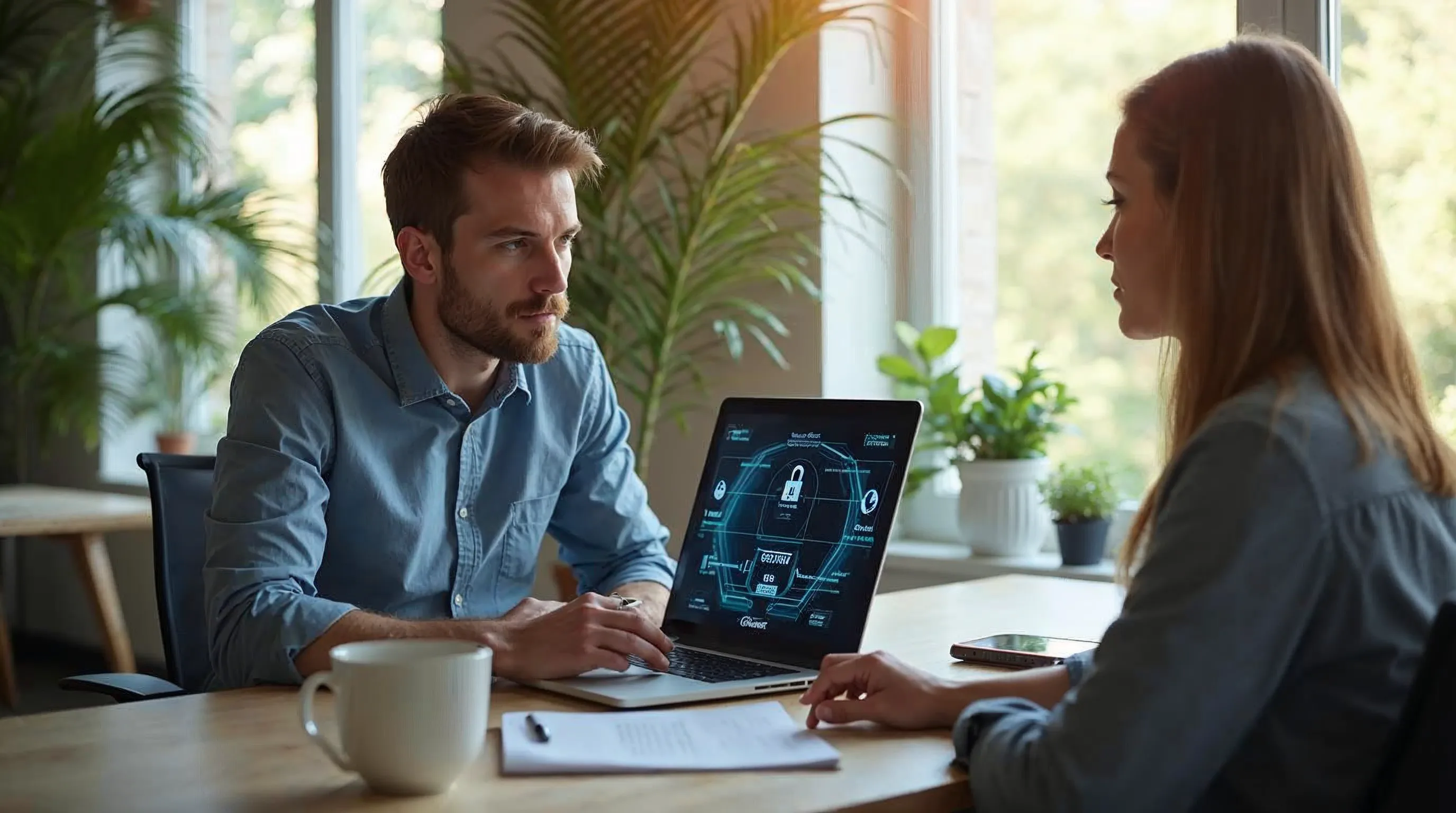 IT-säkerhetsspecialist visar åtkomstkontrollsystem för en kollega