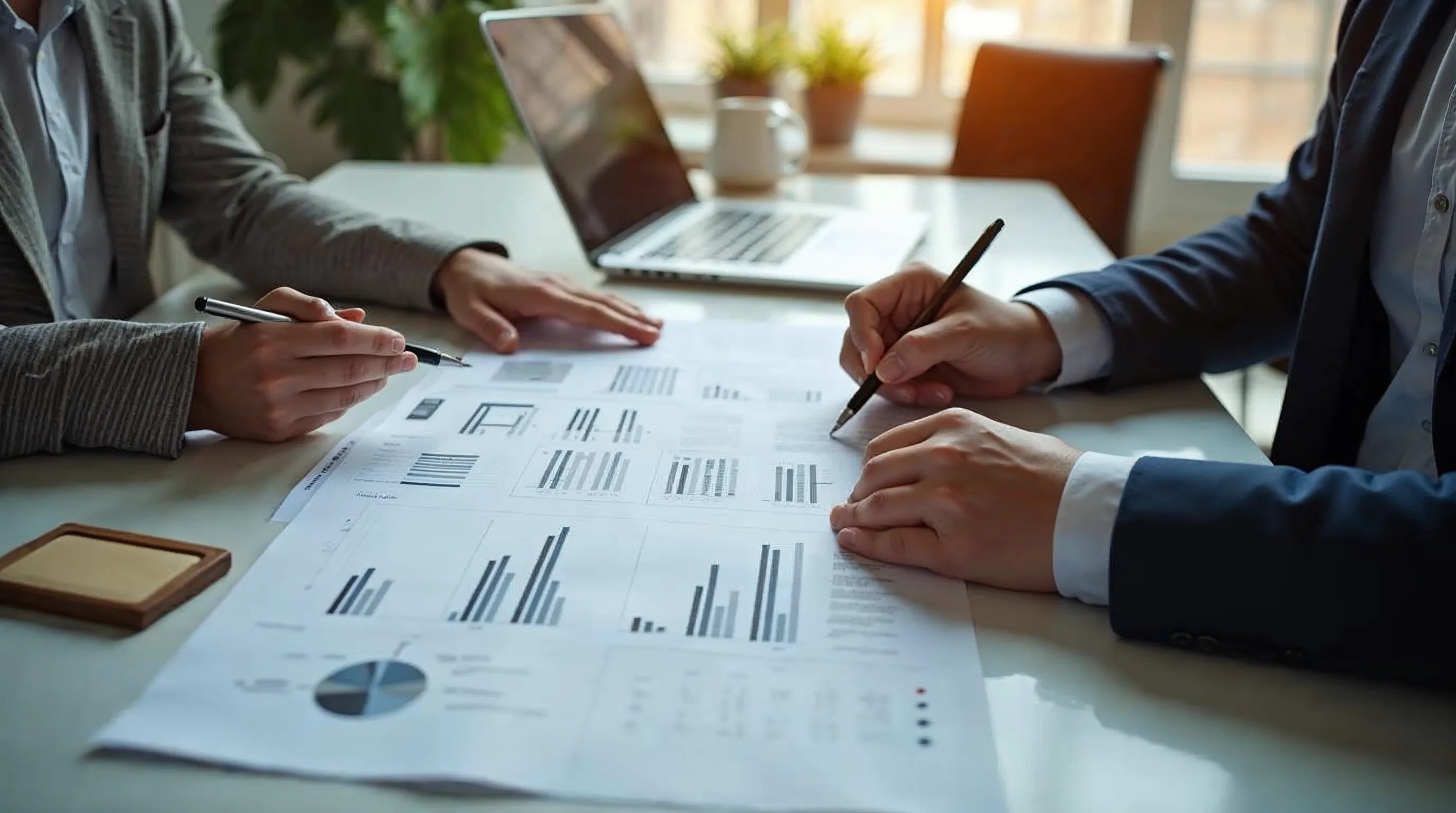 Två compliance-specialister jämför säkerhetsramverk vid ett skrivbord