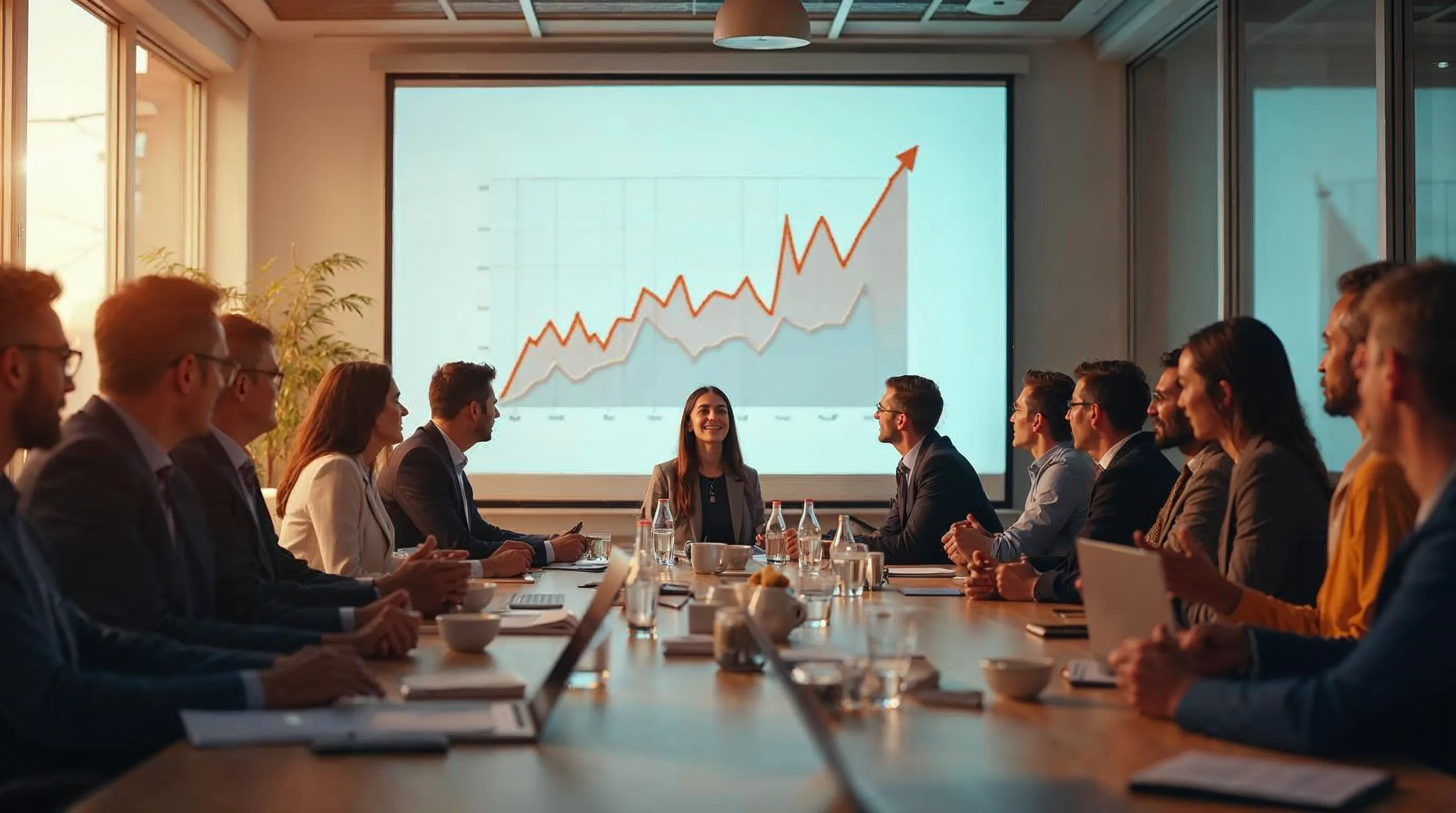 Ledningsgrupp diskuterar compliance-strategi i ett modernt mötesrum