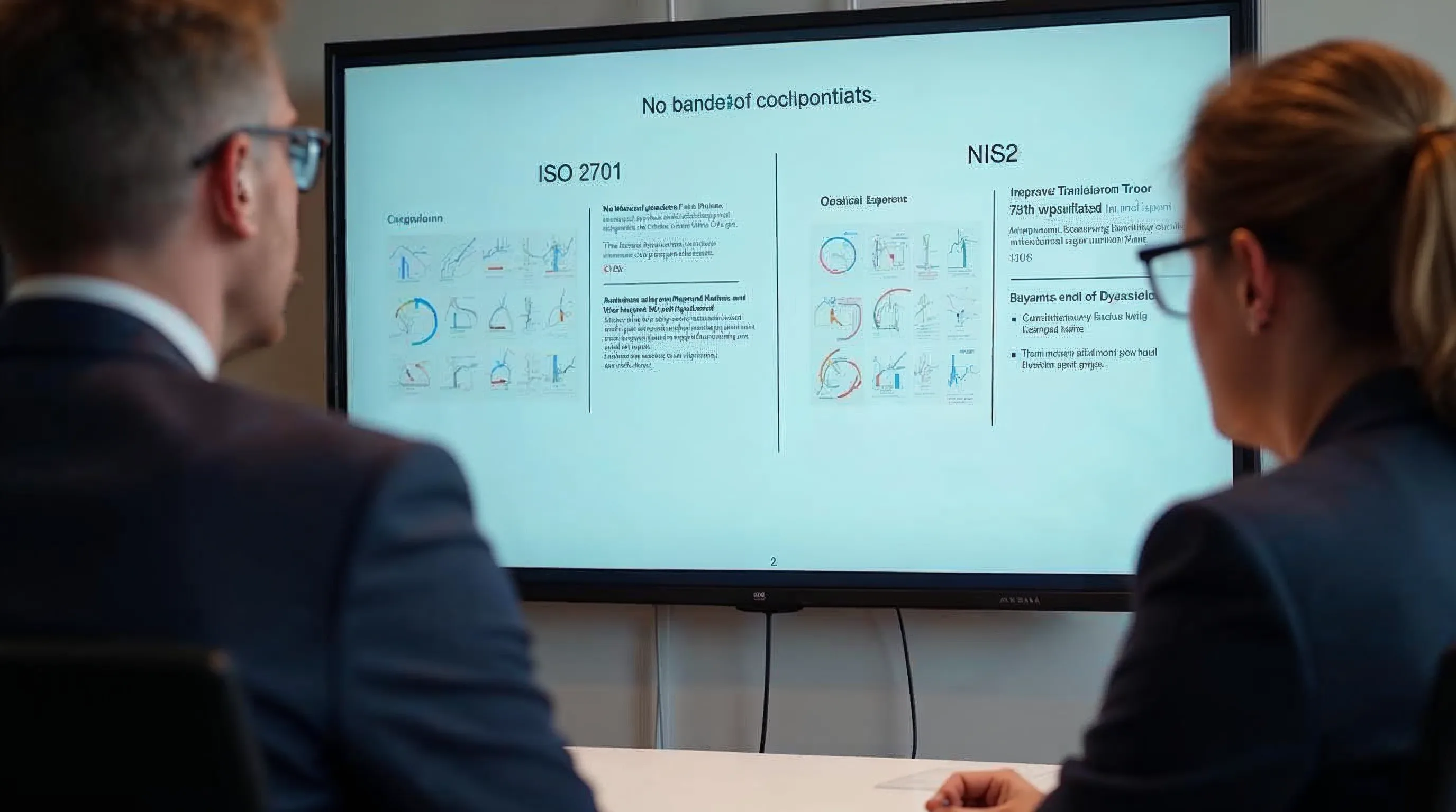 Två professionella jämför ISO 27001 och NIS2 på en stor skärm
