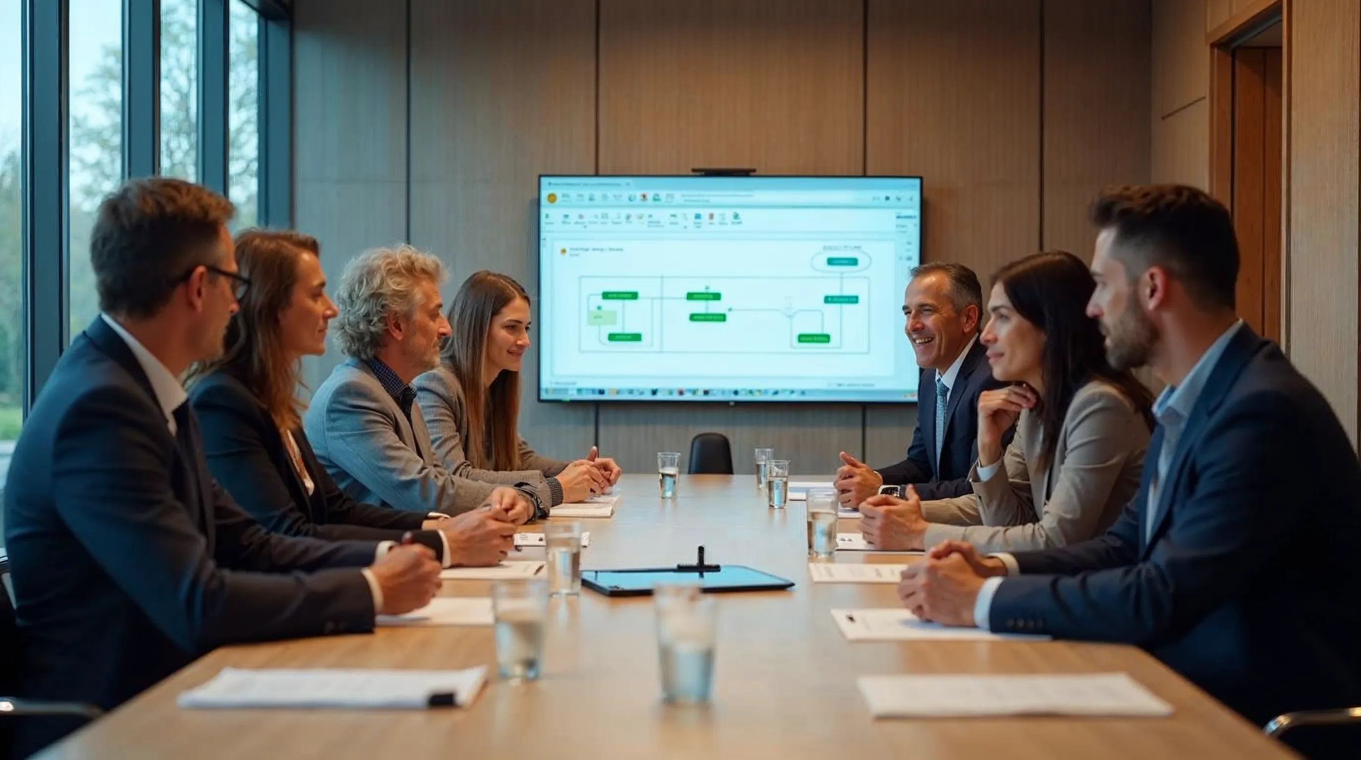 Leadership team discussing disaster recovery and governance in a modern meeting room