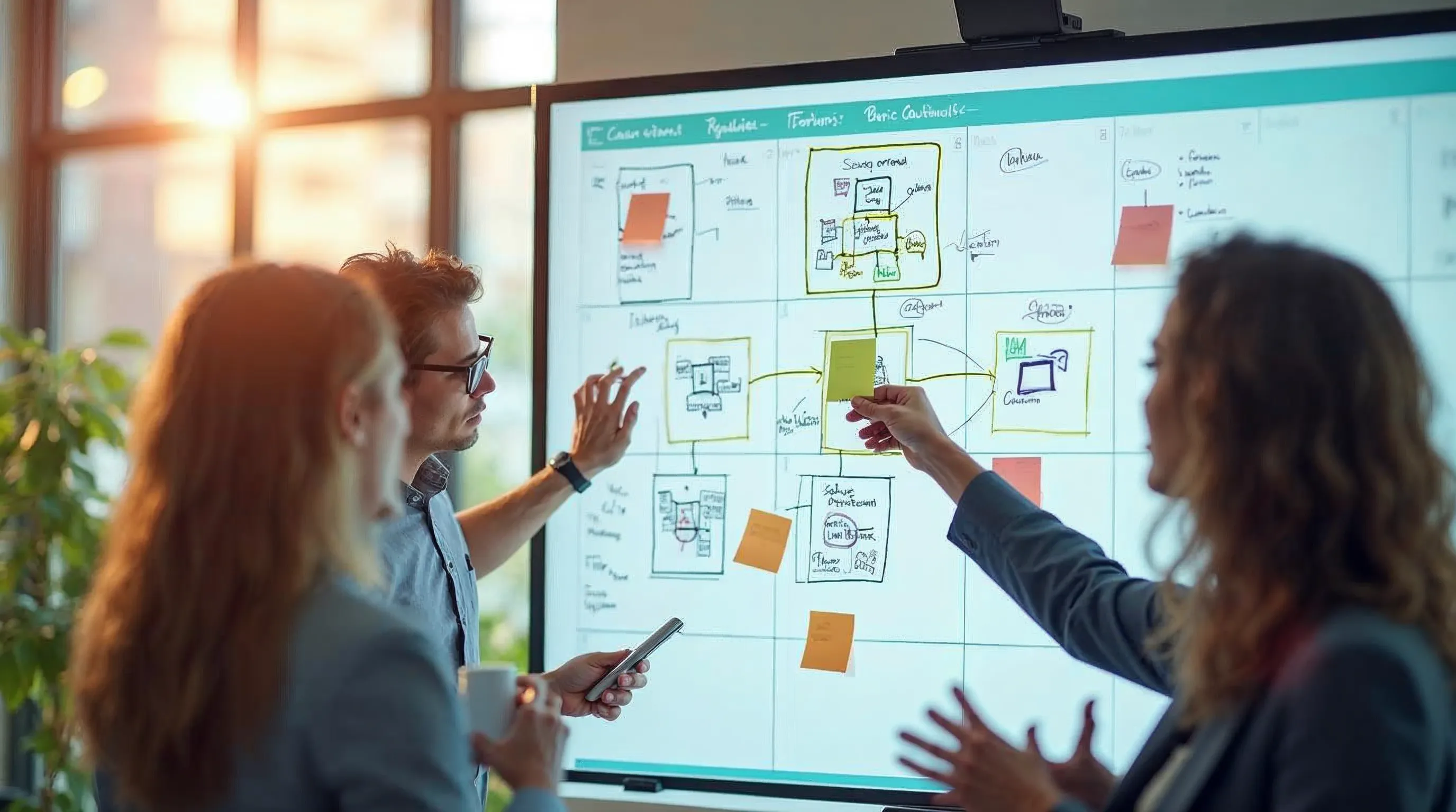 Team kartlägger ett säkerhetskontrollramverk på en digital whiteboard