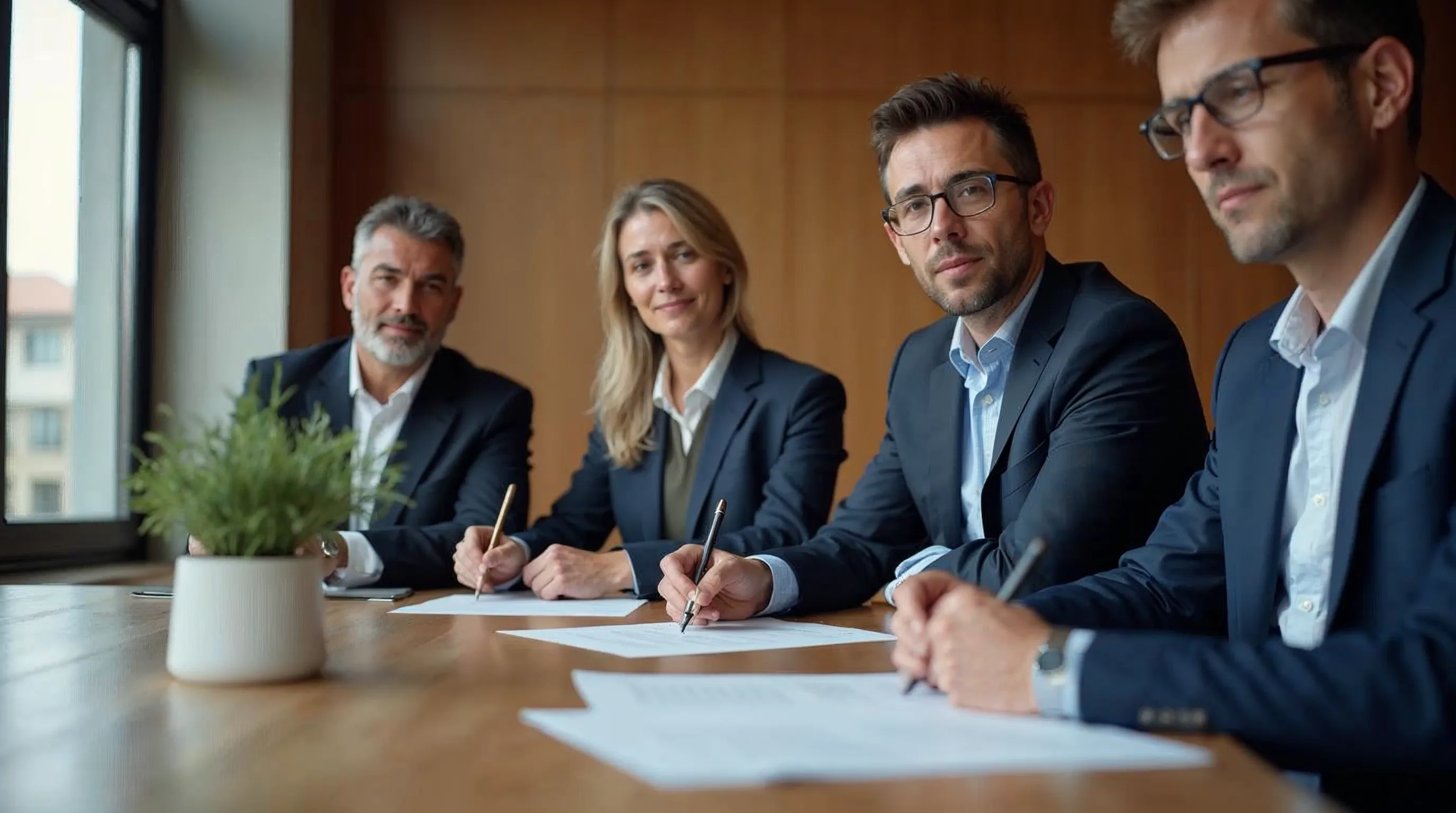 VD och styrelseledamöter signerar cybersäkerhetsdokument i ett mötesrum