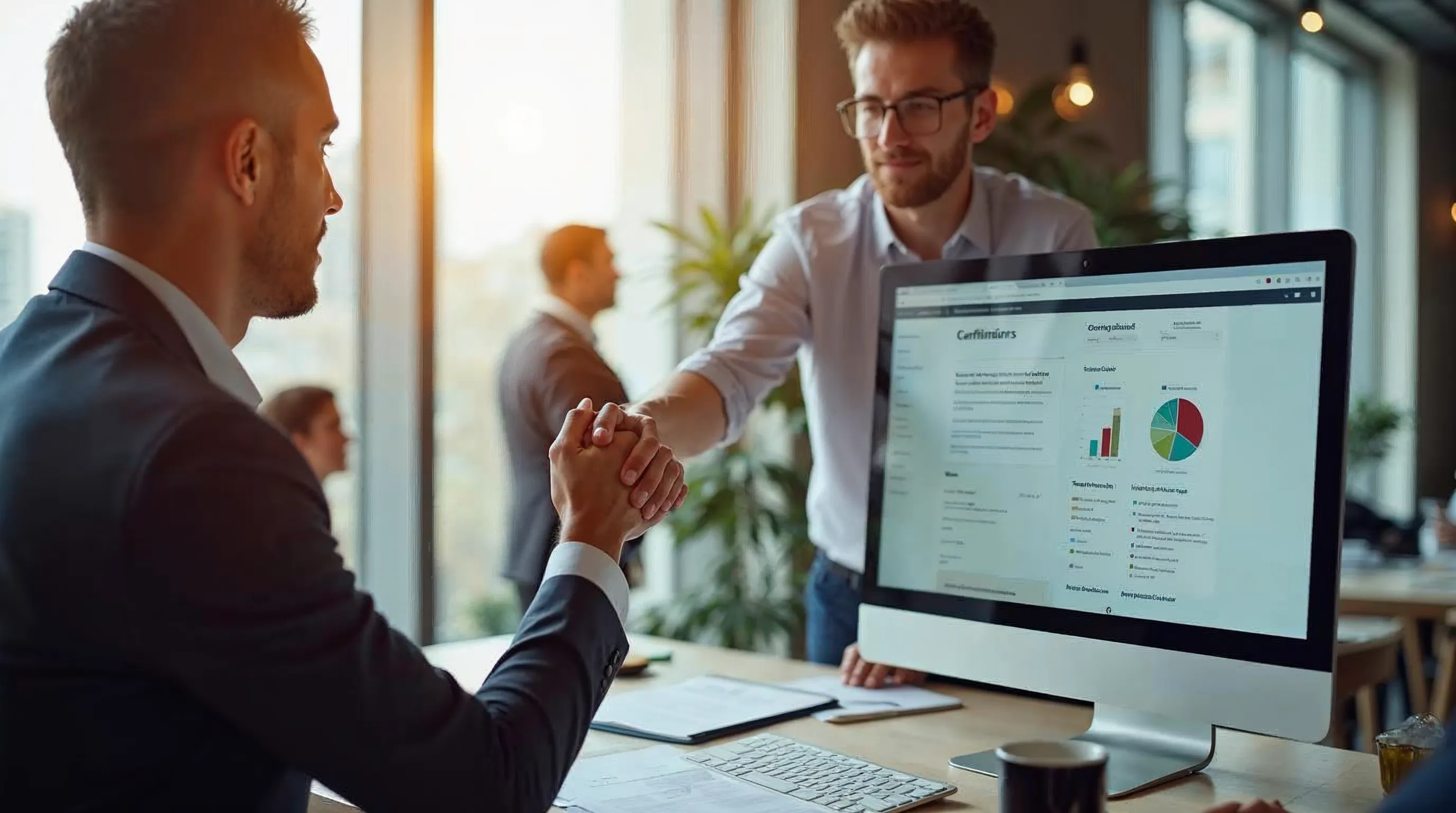 Inköpsspecialist och leverantör granskar compliance-dokumentation