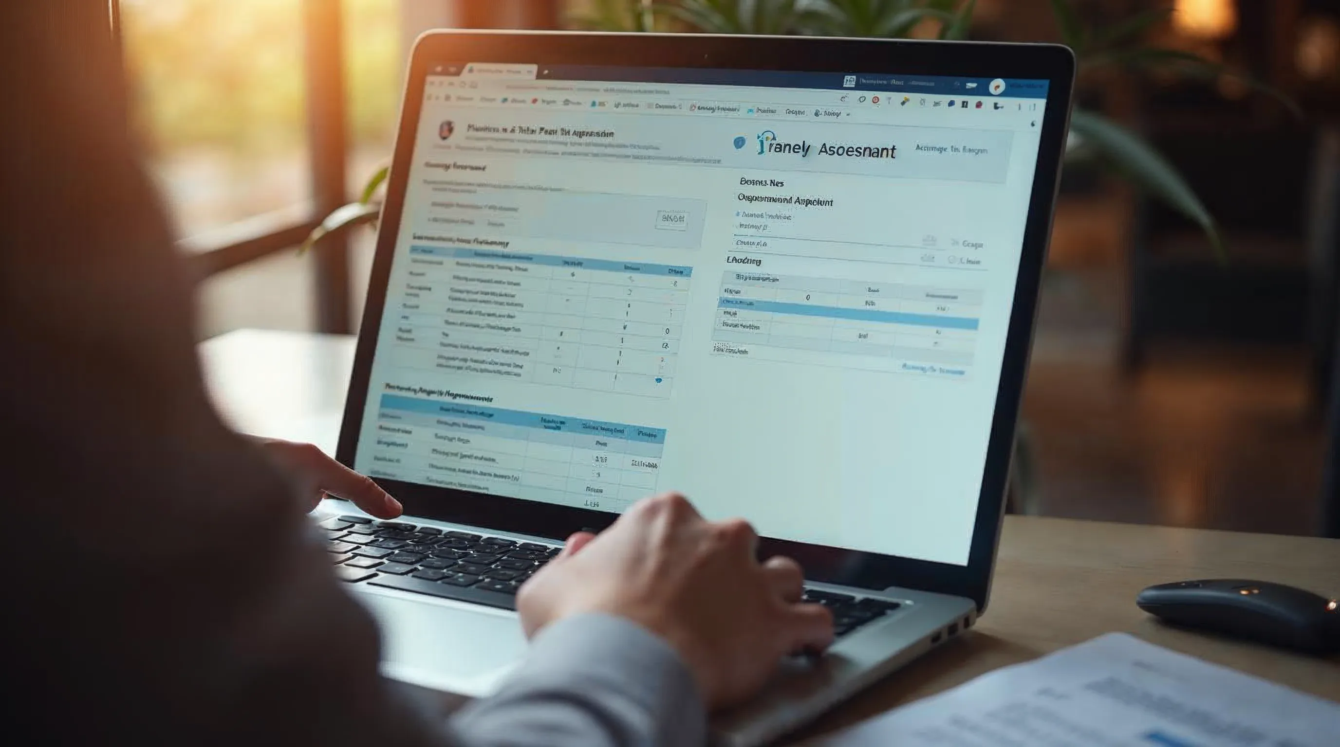 Riskanalytiker utvärderar en leverantörsbedömning på en laptop