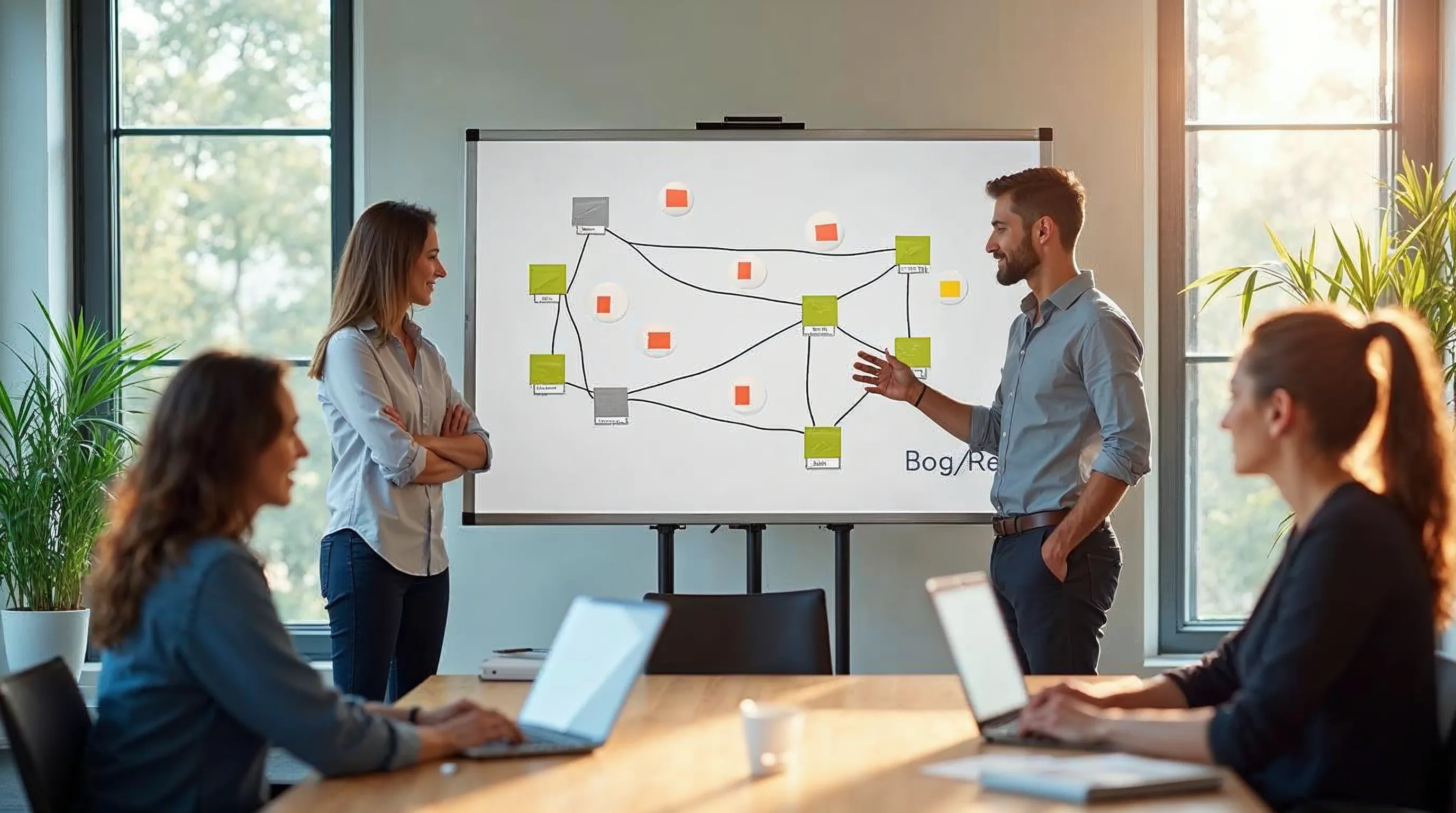 Ledningsgrupp vid whiteboard med överlappande regelverk för styrningsstruktur
