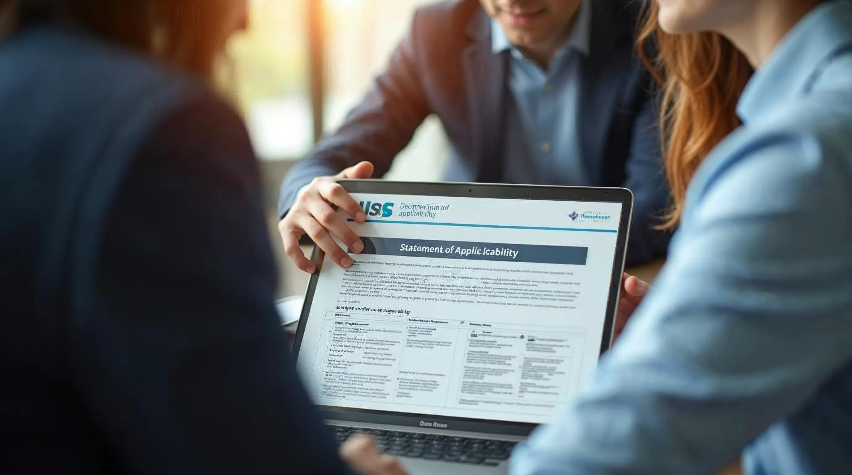 ISO-revisor och organisationsrepresentant granskar ett tillämplighetsutlåtande