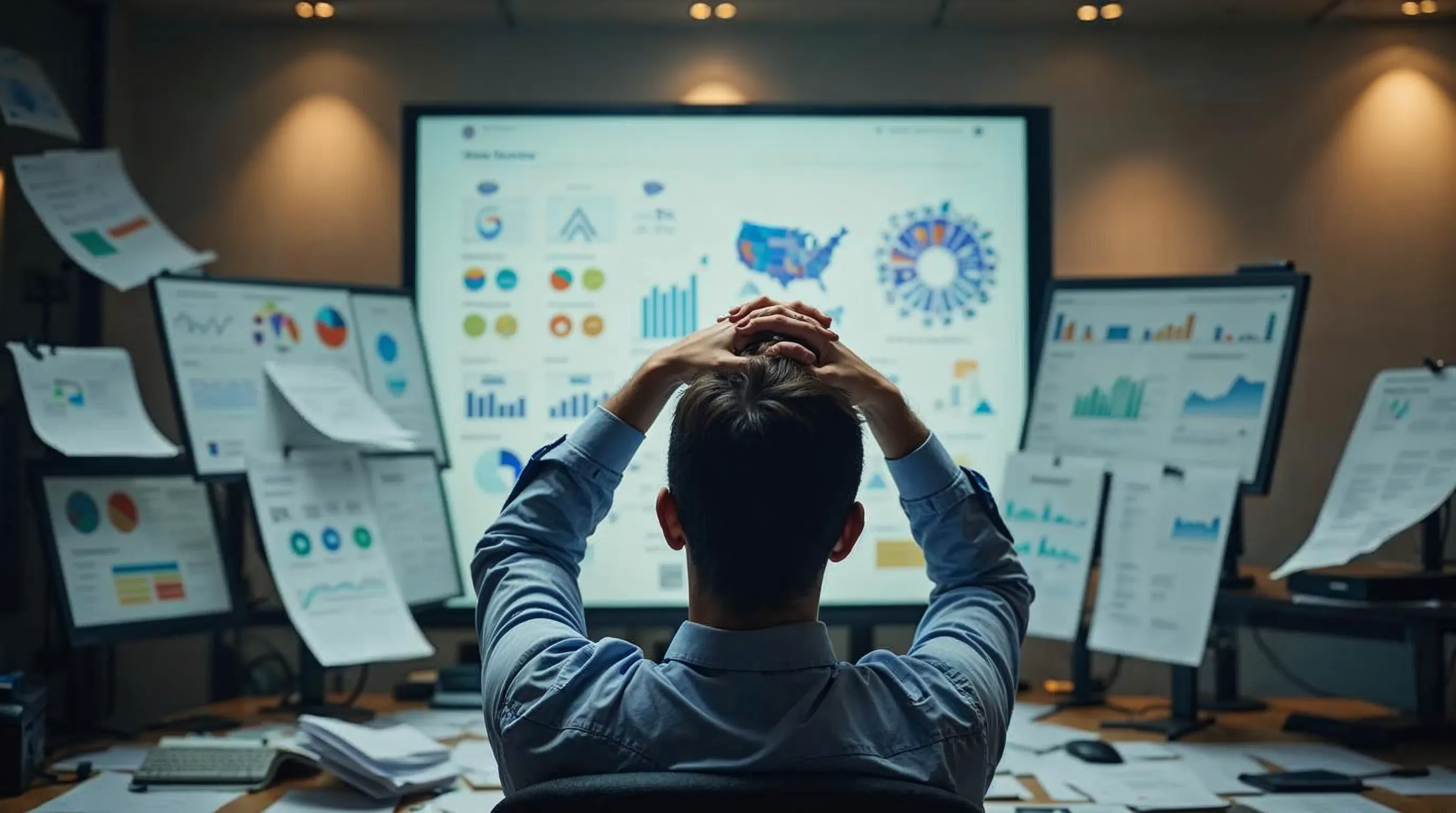 Professionell omgiven av kalkylblad tittar hoppfullt på ett GRC-system